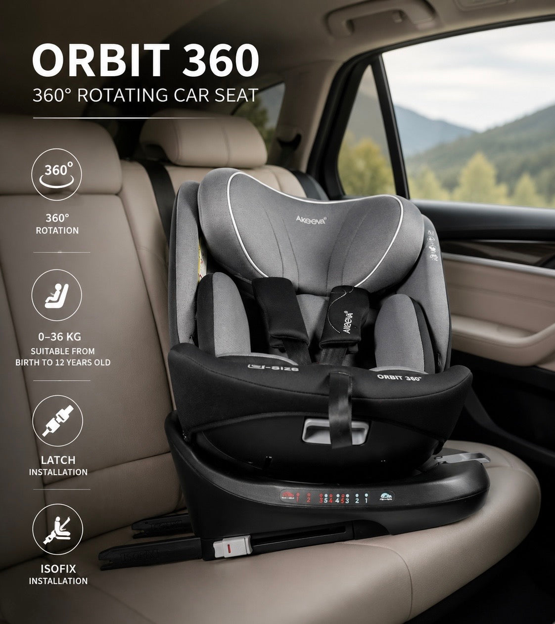 Akeeva 360 Rotate Isofix Carseat w/latch and side protect (Orbit) w/ICC